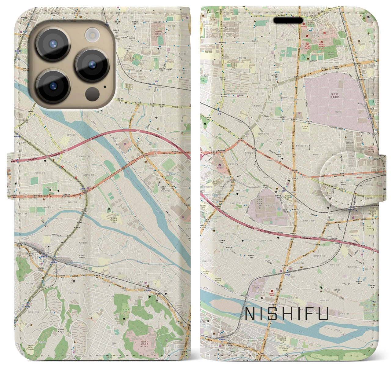 【西府(東京都)】地図柄iPhoneケース(手帳タイプ)ナチュラル・iPhone 14 Pro Max 用