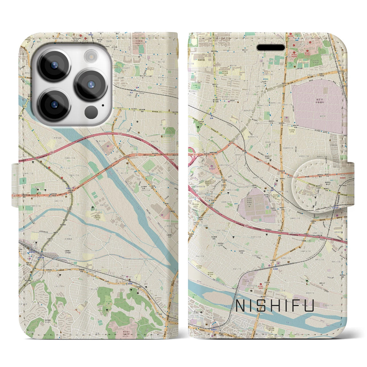 【西府(東京都)】地図柄iPhoneケース(手帳タイプ)ナチュラル・iPhone 14 Pro 用