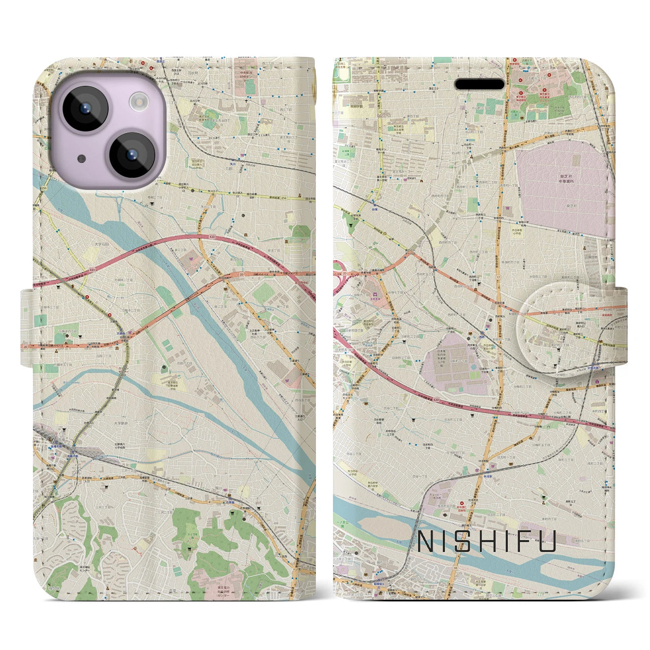 【西府(東京都)】地図柄iPhoneケース(手帳タイプ)ナチュラル・iPhone 14 用