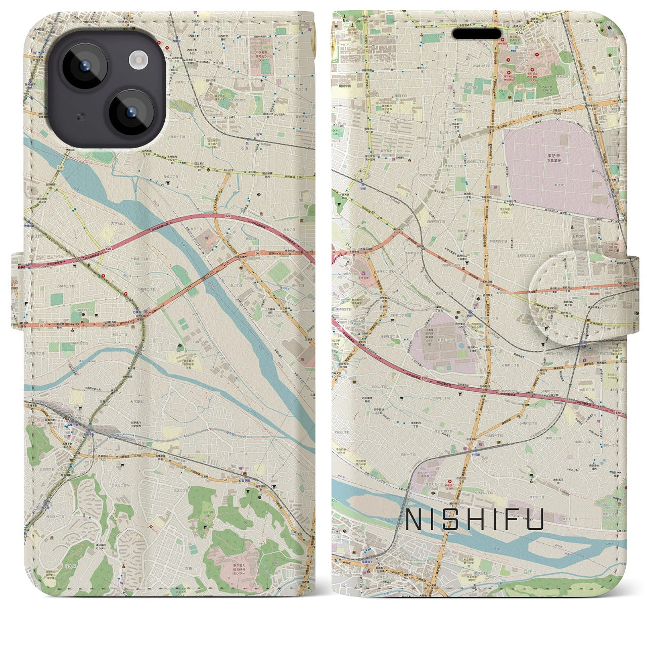 【西府(東京都)】地図柄iPhoneケース(手帳タイプ)ナチュラル・iPhone 14 Plus 用