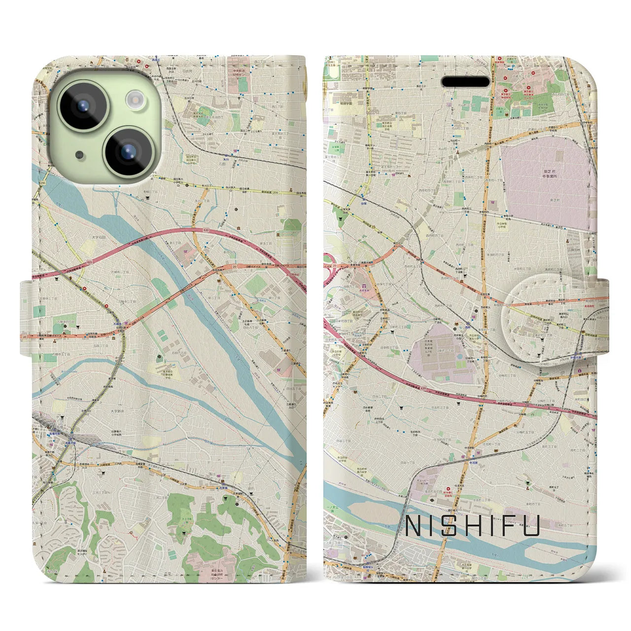 【西府(東京都)】地図柄iPhoneケース(手帳タイプ)ナチュラル・iPhone 15 用