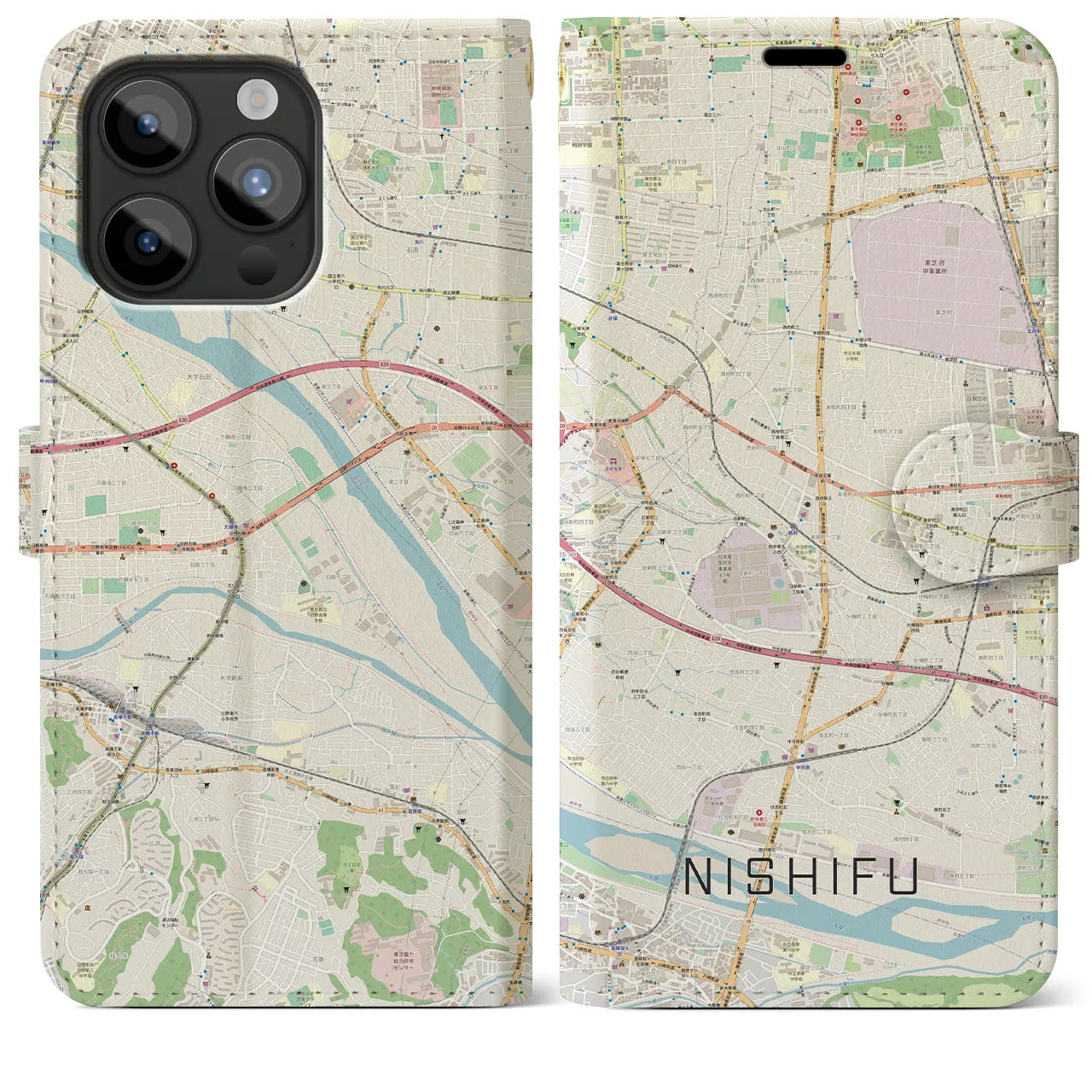 【西府(東京都)】地図柄iPhoneケース(手帳タイプ)ナチュラル・iPhone 15 Pro Max 用