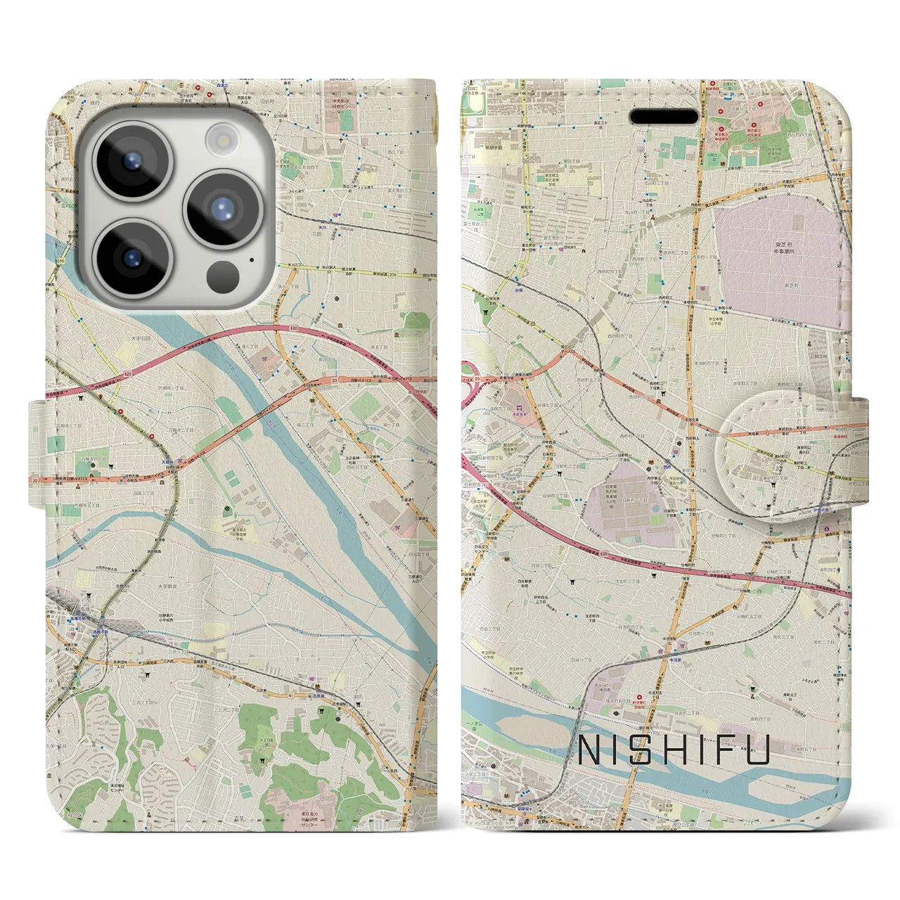 【西府(東京都)】地図柄iPhoneケース(手帳タイプ)ナチュラル・iPhone 15 Pro 用