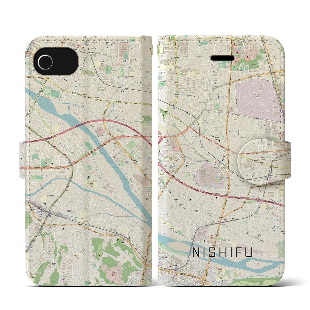 【西府(東京都)】地図柄iPhoneケース(手帳タイプ)ナチュラル・iPhone SE(第3 / 第2世代) / 8 / 7 / 6s / 6 用