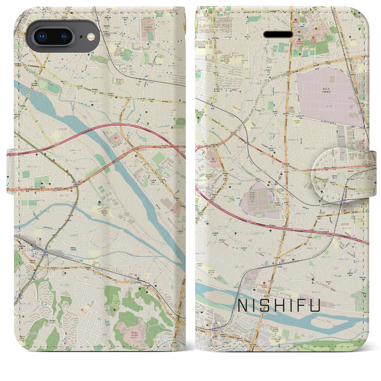 【西府(東京都)】地図柄iPhoneケース(手帳タイプ)ナチュラル・iPhone 8Plus /7Plus / 6sPlus / 6Plus 用
