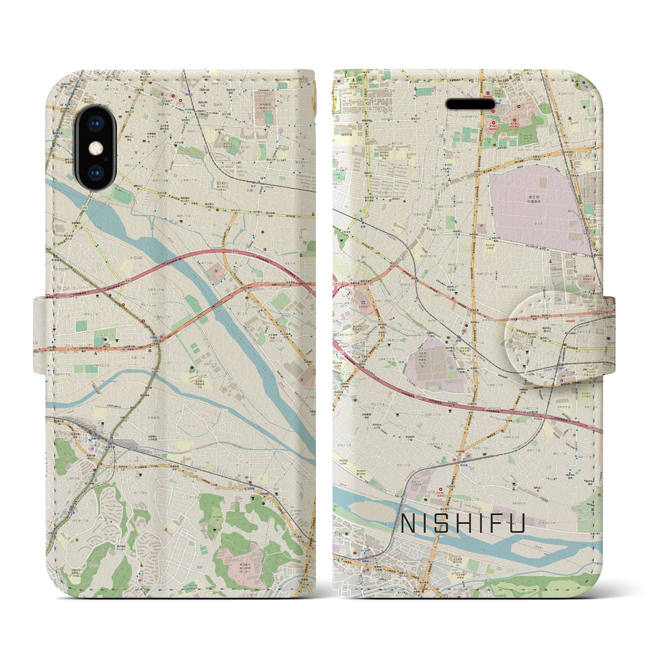 【西府(東京都)】地図柄iPhoneケース(手帳タイプ)ナチュラル・iPhone XS / X 用