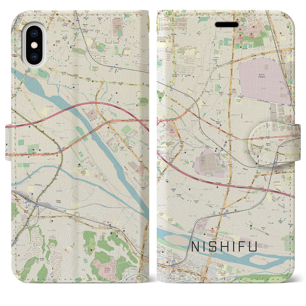 【西府(東京都)】地図柄iPhoneケース(手帳タイプ)ナチュラル・iPhone XS Max 用