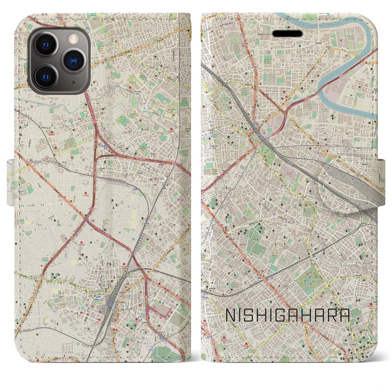【西ケ原(東京都)】地図柄iPhoneケース(手帳タイプ)ナチュラル・iPhone 11 Pro Max 用