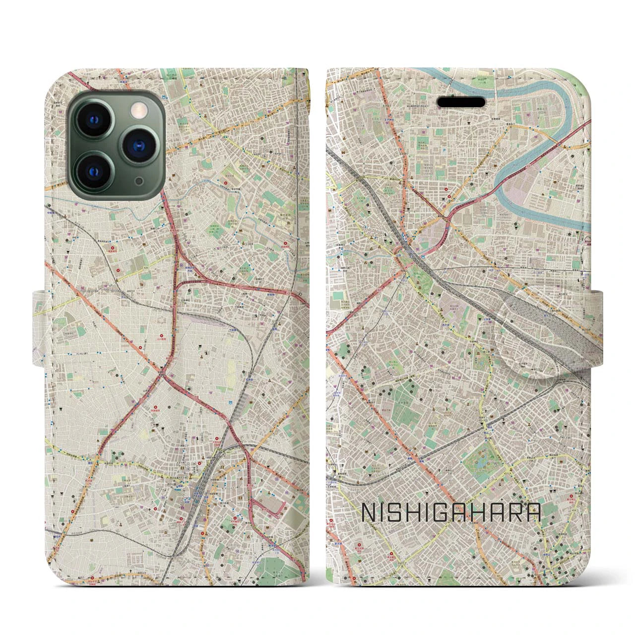 【西ケ原(東京都)】地図柄iPhoneケース(手帳タイプ)ナチュラル・iPhone 11 Pro 用