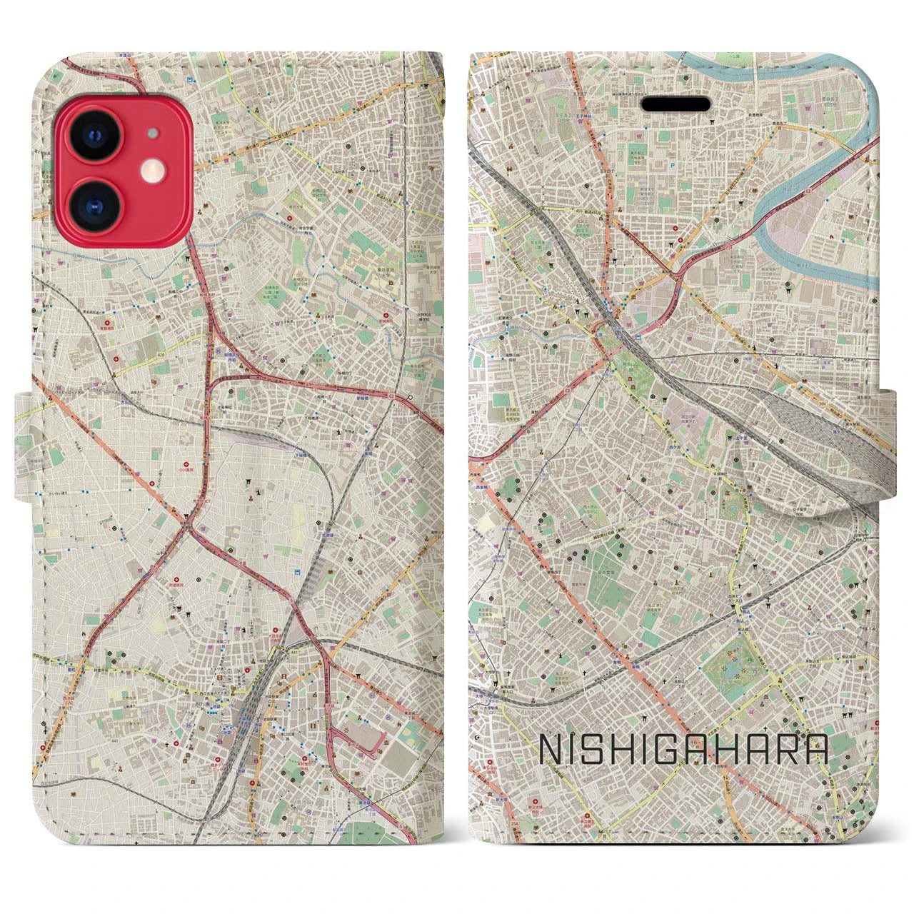 【西ケ原(東京都)】地図柄iPhoneケース(手帳タイプ)ナチュラル・iPhone 11 用