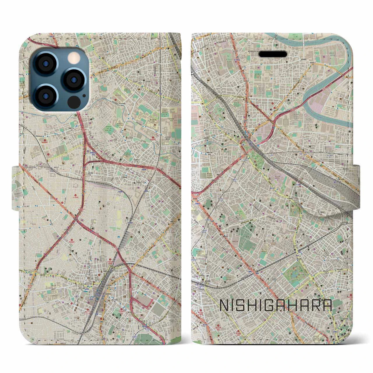 【西ケ原(東京都)】地図柄iPhoneケース(手帳タイプ)ナチュラル・iPhone 12 / 12 Pro 用