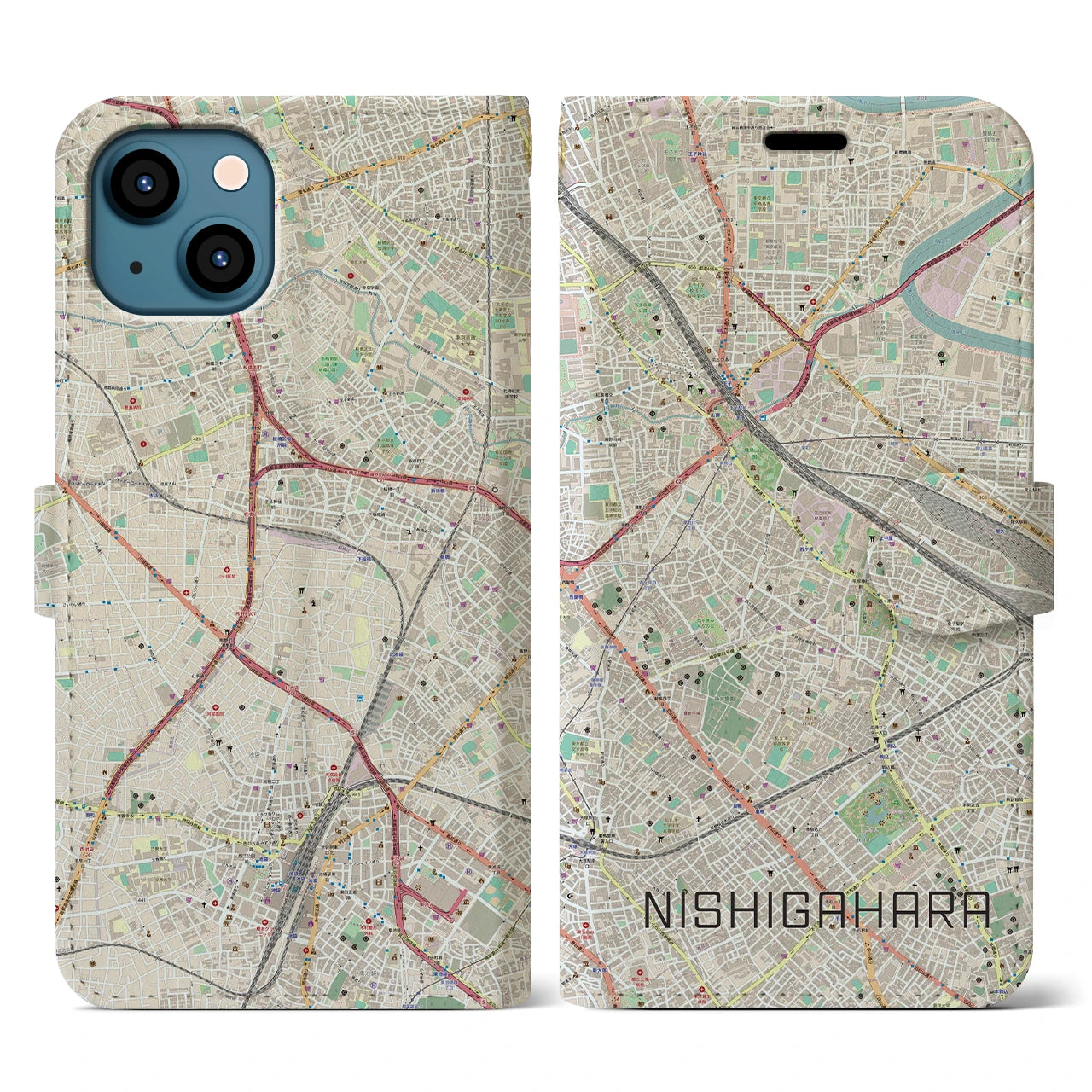 【西ケ原(東京都)】地図柄iPhoneケース(手帳タイプ)ナチュラル・iPhone 13 用