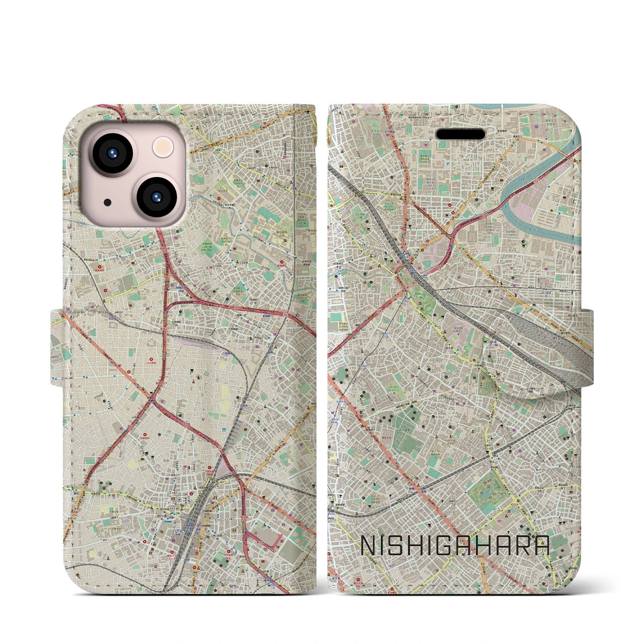 【西ケ原(東京都)】地図柄iPhoneケース(手帳タイプ)ナチュラル・iPhone 13 mini 用