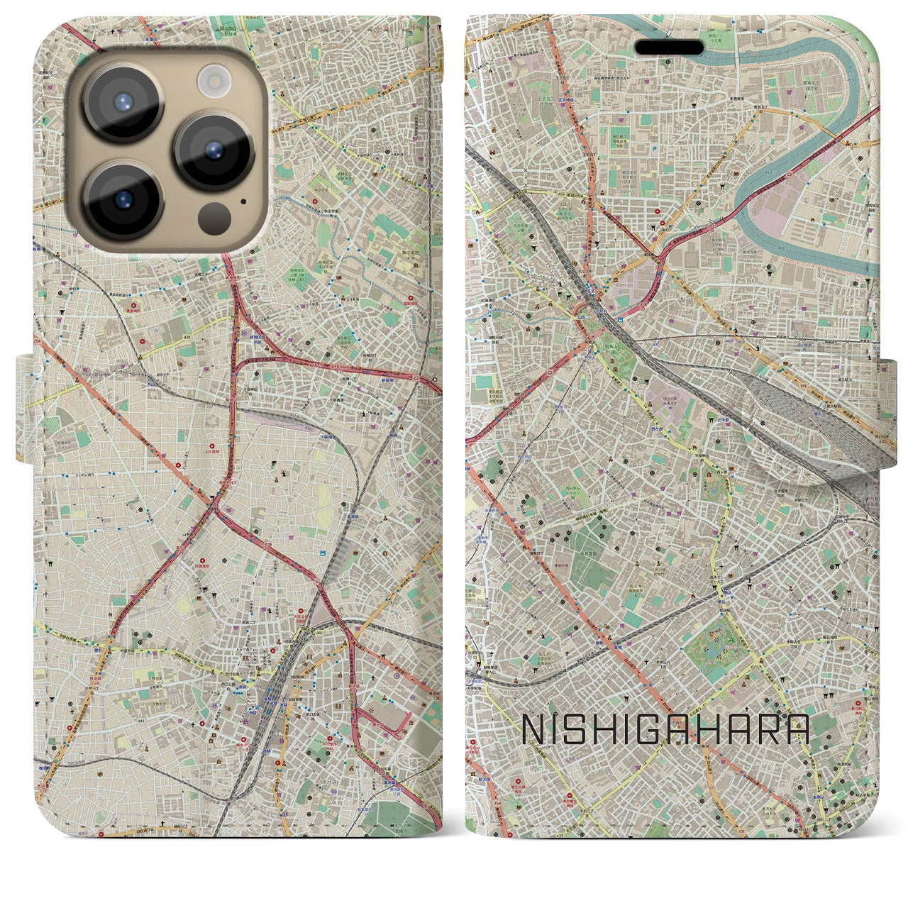 【西ケ原(東京都)】地図柄iPhoneケース(手帳タイプ)ナチュラル・iPhone 14 Pro Max 用