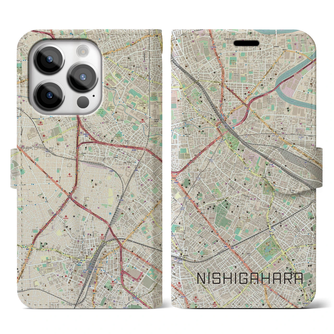 【西ケ原(東京都)】地図柄iPhoneケース(手帳タイプ)ナチュラル・iPhone 14 Pro 用