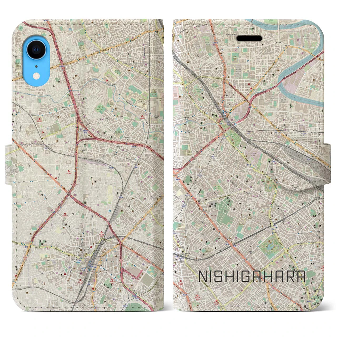 【西ケ原(東京都)】地図柄iPhoneケース(手帳タイプ)ナチュラル・iPhone XR 用