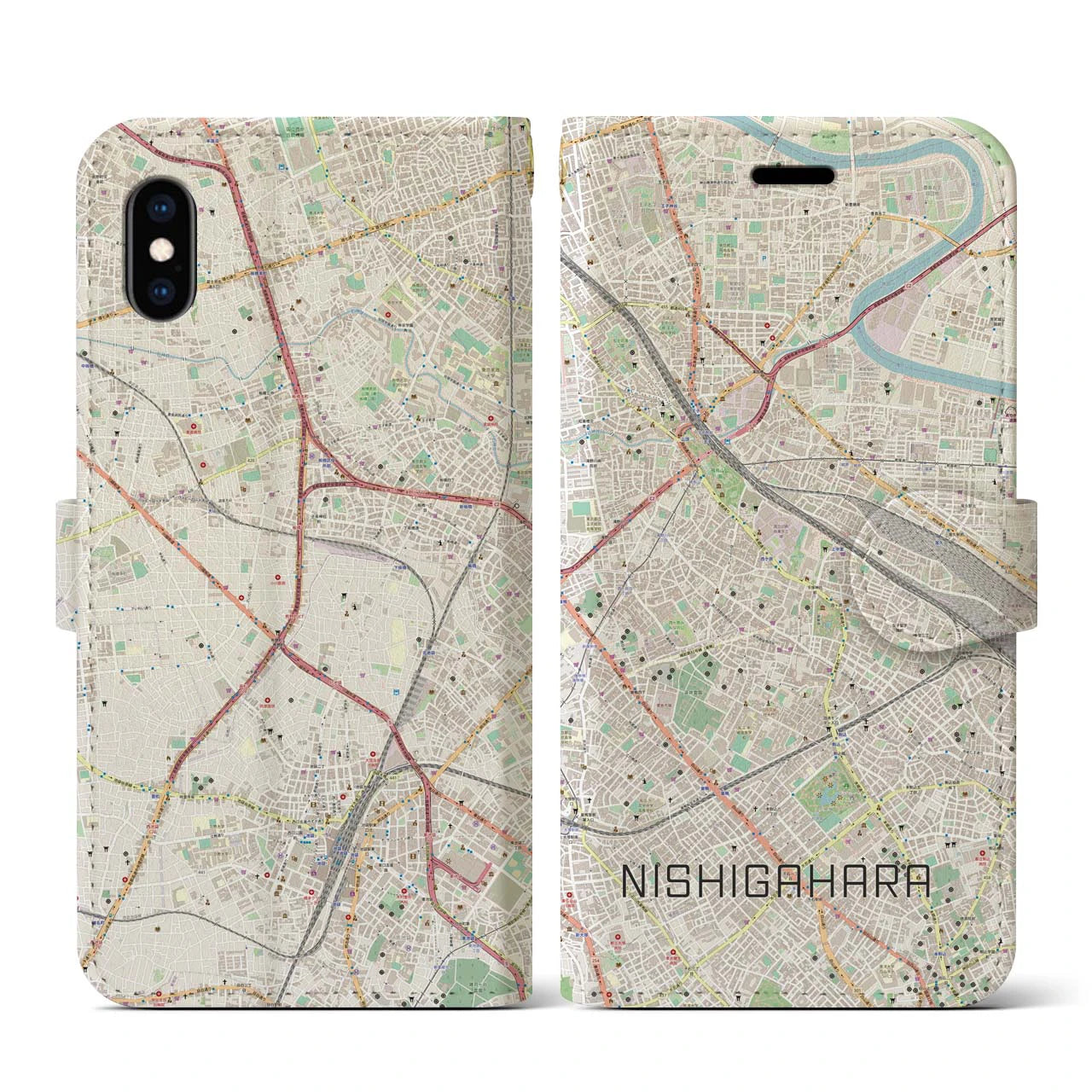 【西ケ原(東京都)】地図柄iPhoneケース(手帳タイプ)ナチュラル・iPhone XS / X 用