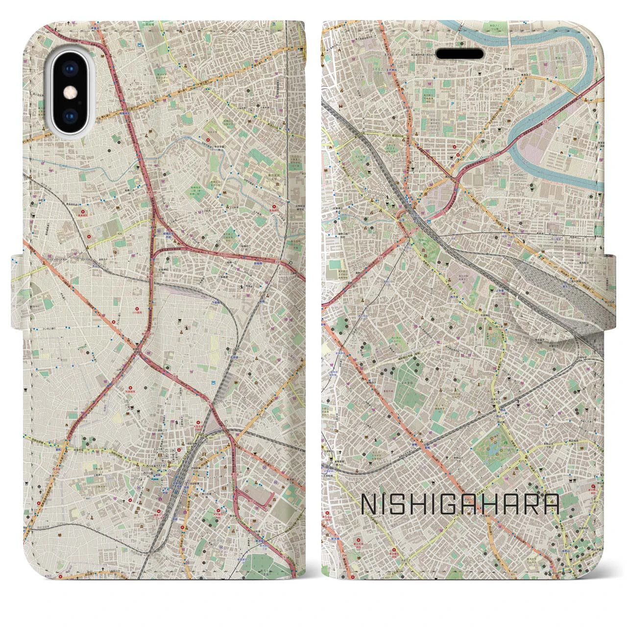 【西ケ原(東京都)】地図柄iPhoneケース(手帳タイプ)ナチュラル・iPhone XS Max 用