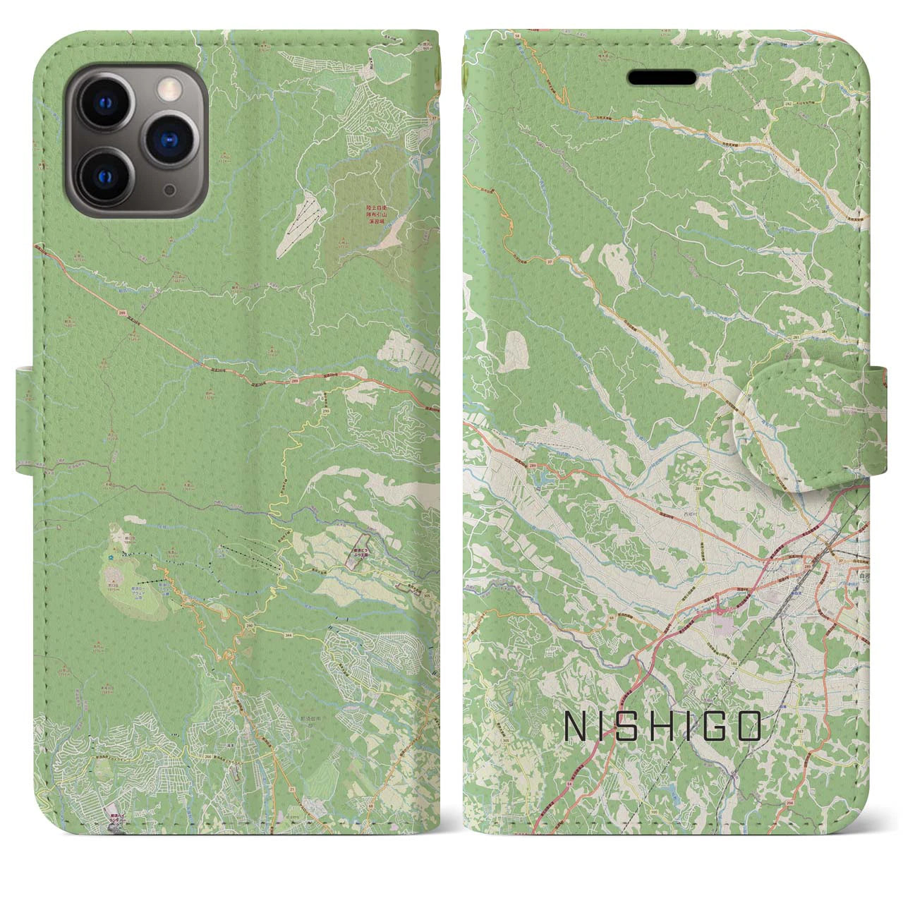 【西郷(福島県)】地図柄iPhoneケース(手帳タイプ)ナチュラル・iPhone 11 Pro Max 用
