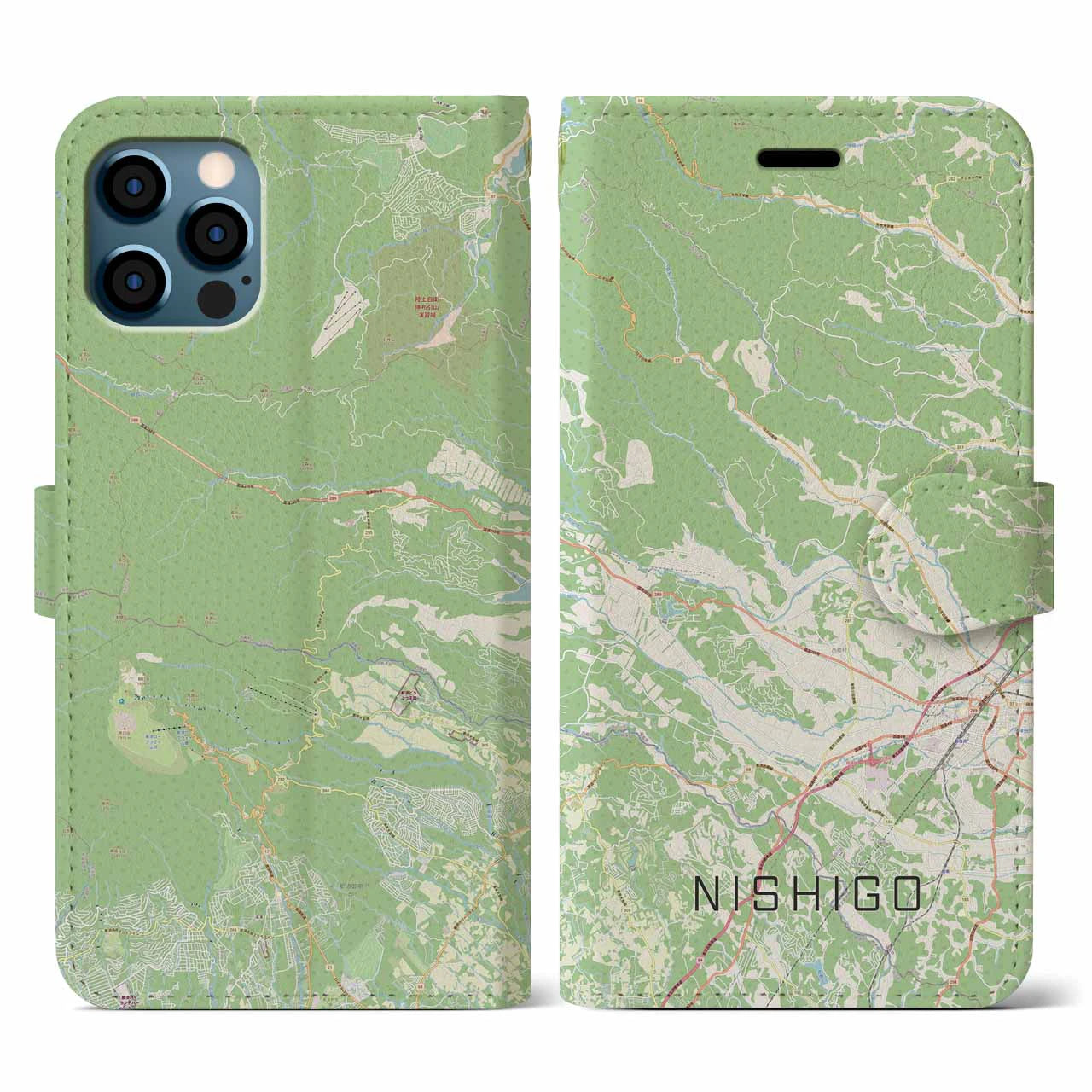 【西郷(福島県)】地図柄iPhoneケース(手帳タイプ)ナチュラル・iPhone 12 / 12 Pro 用