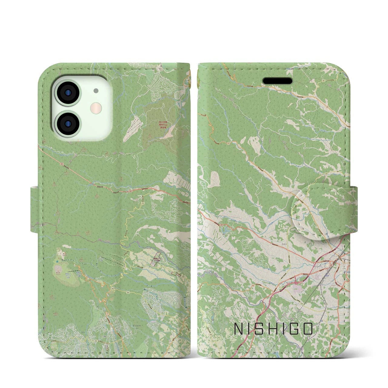 【西郷(福島県)】地図柄iPhoneケース(手帳タイプ)ナチュラル・iPhone 12 mini 用