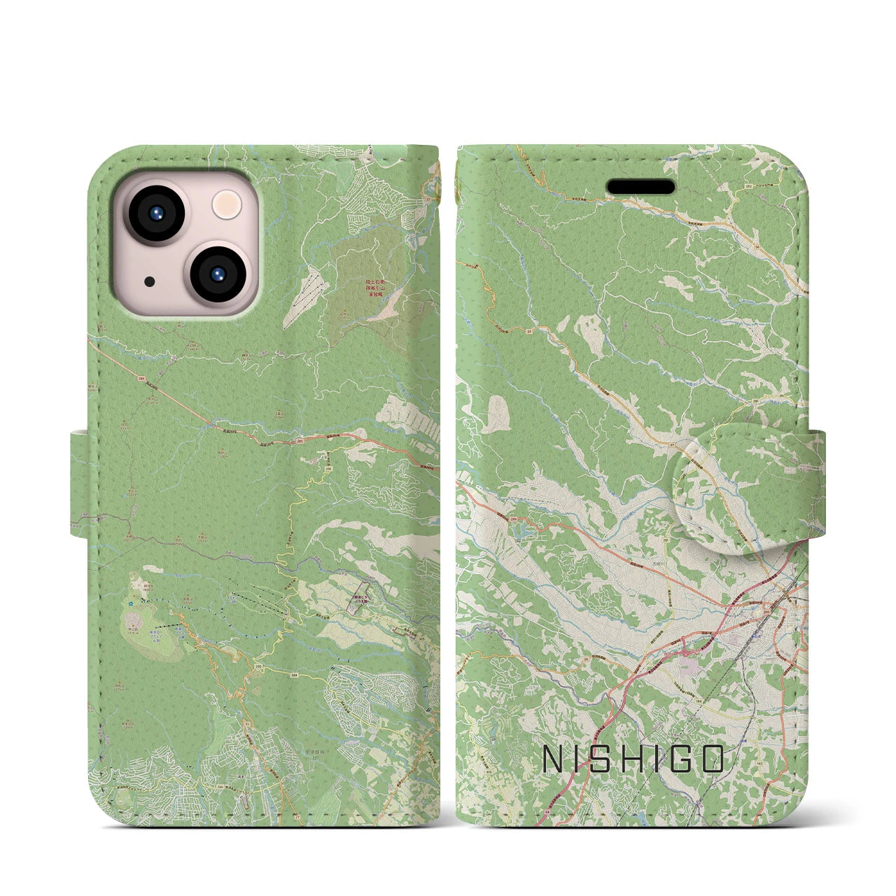 【西郷(福島県)】地図柄iPhoneケース(手帳タイプ)ナチュラル・iPhone 13 mini 用