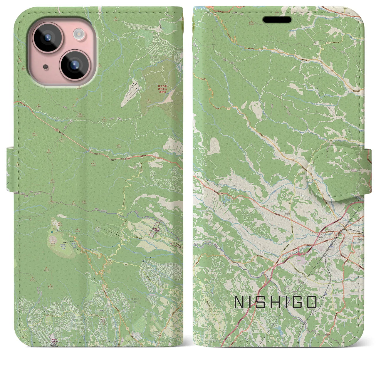【西郷(福島県)】地図柄iPhoneケース(手帳タイプ)ナチュラル・iPhone 15 Plus 用