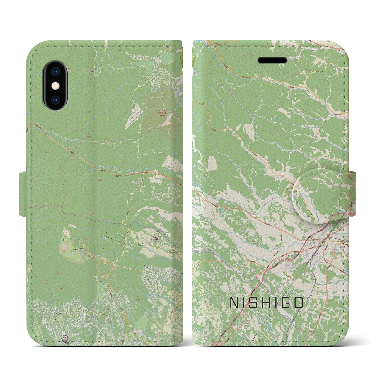 【西郷(福島県)】地図柄iPhoneケース(手帳タイプ)ナチュラル・iPhone XS / X 用