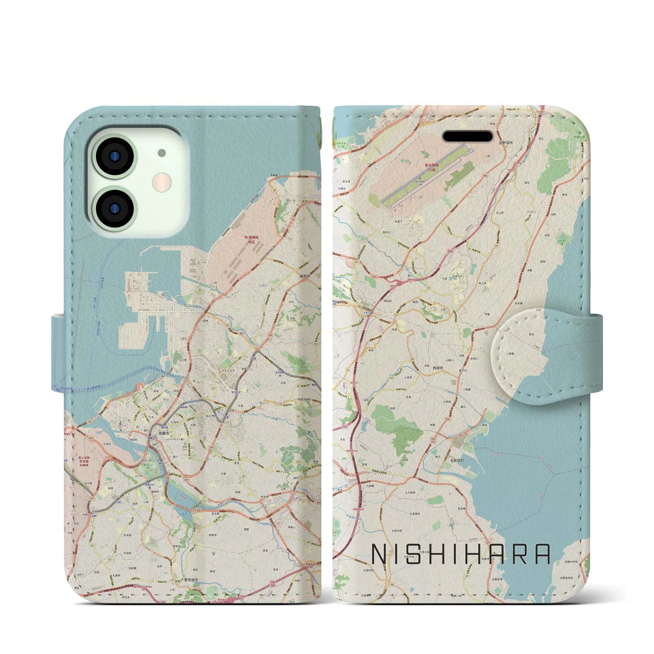 【西原(沖縄県)】地図柄iPhoneケース(手帳タイプ)ナチュラル・iPhone 12 mini 用