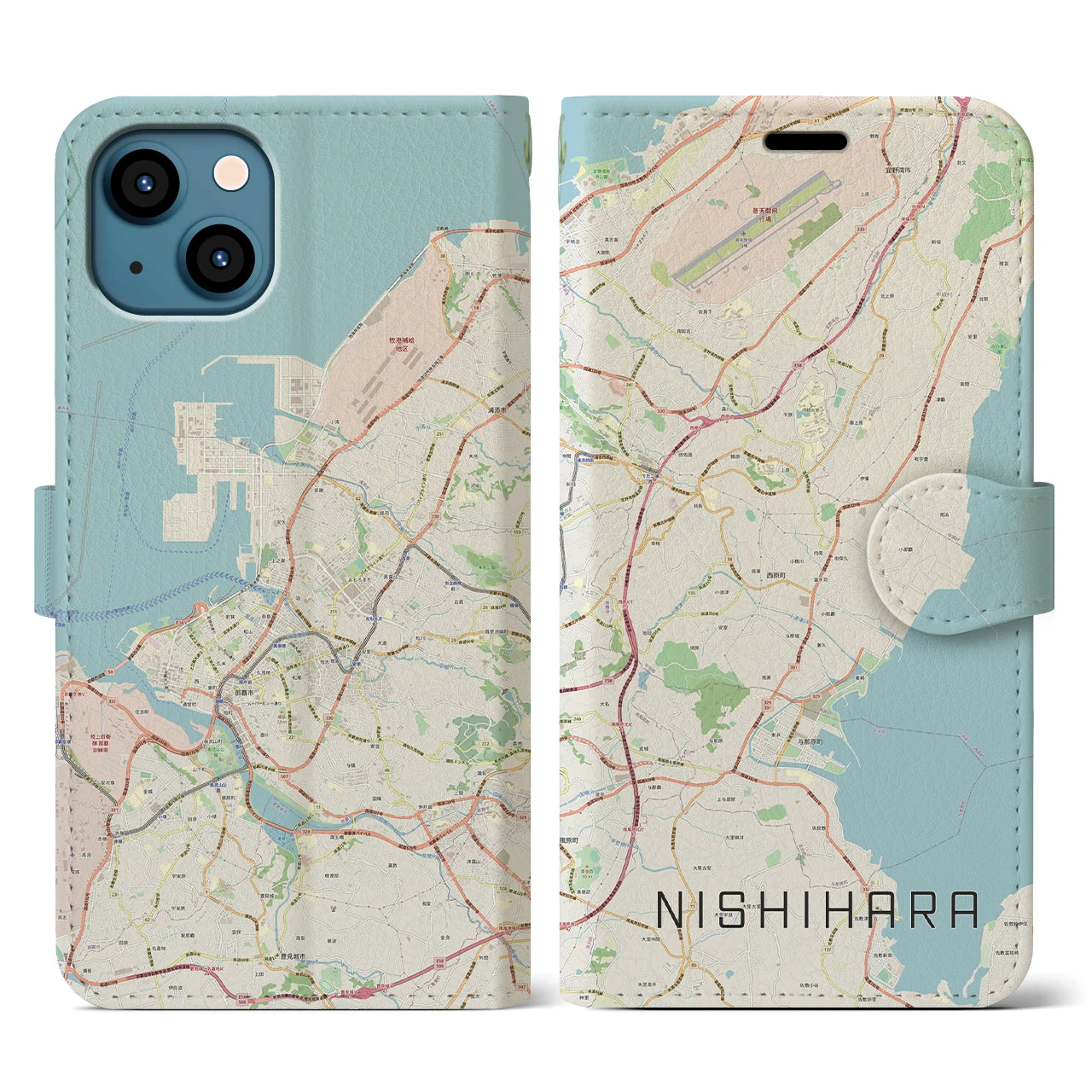 【西原(沖縄県)】地図柄iPhoneケース(手帳タイプ)ナチュラル・iPhone 13 用