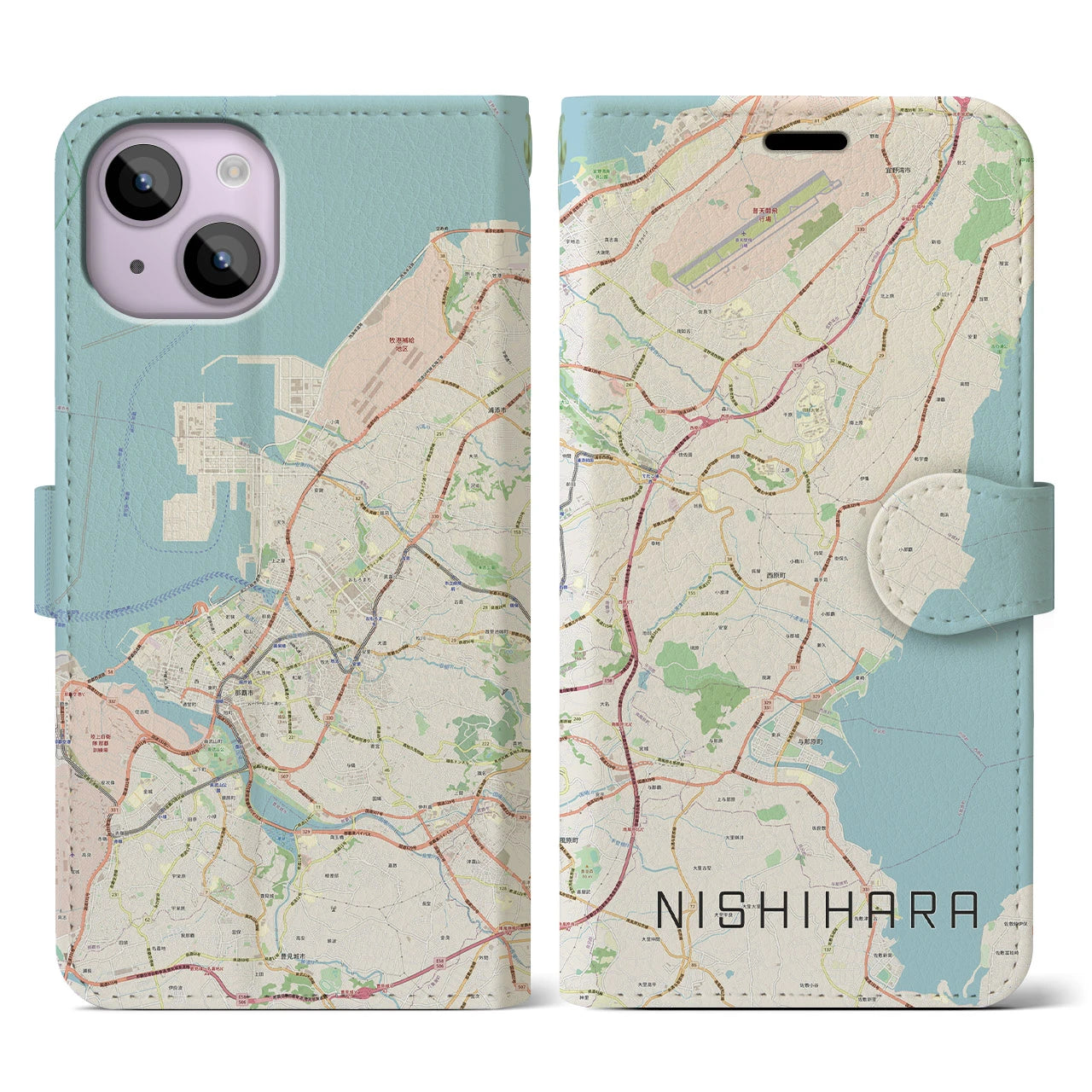 【西原(沖縄県)】地図柄iPhoneケース(手帳タイプ)ナチュラル・iPhone 14 用