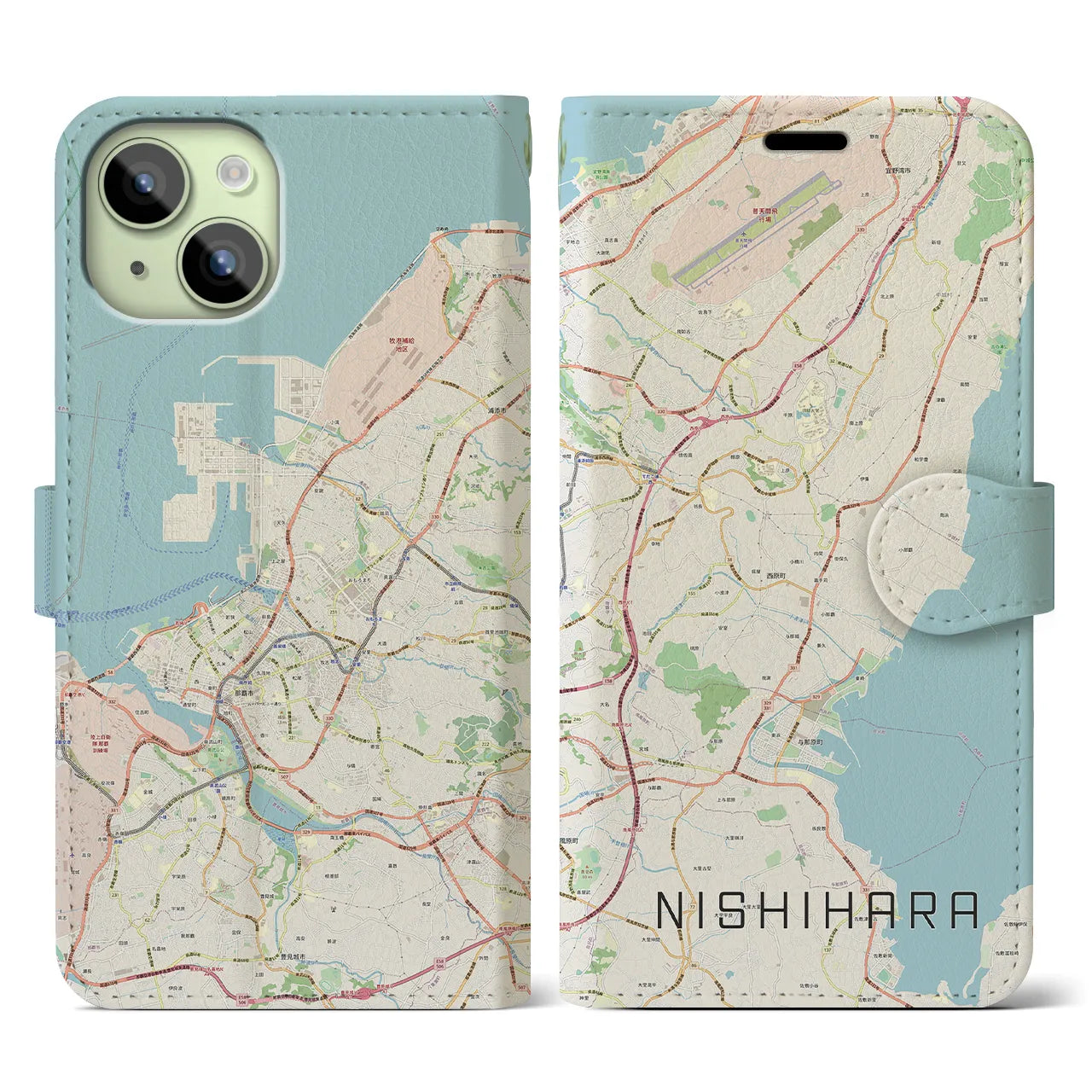 【西原(沖縄県)】地図柄iPhoneケース(手帳タイプ)ナチュラル・iPhone 15 用