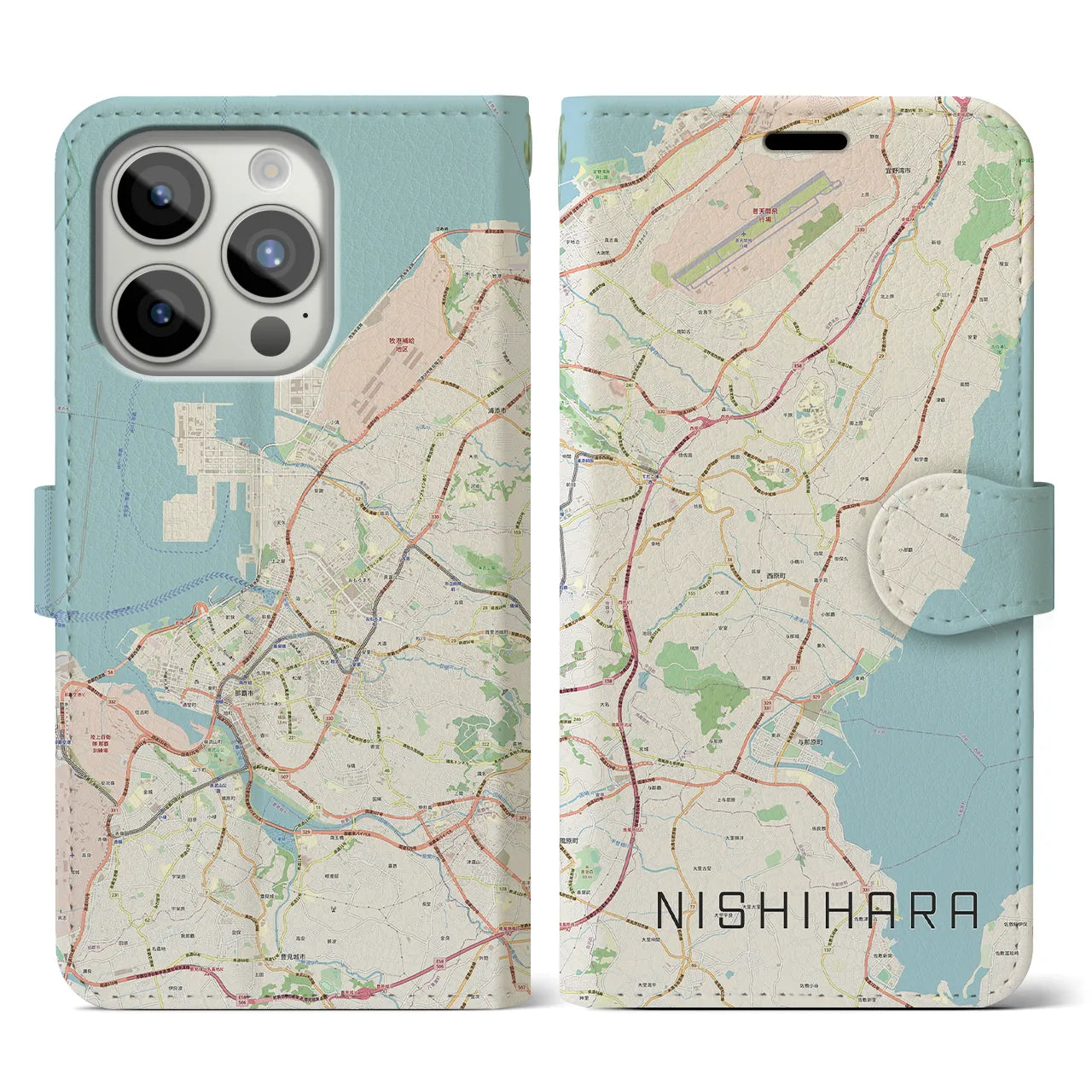 【西原(沖縄県)】地図柄iPhoneケース(手帳タイプ)ナチュラル・iPhone 15 Pro 用