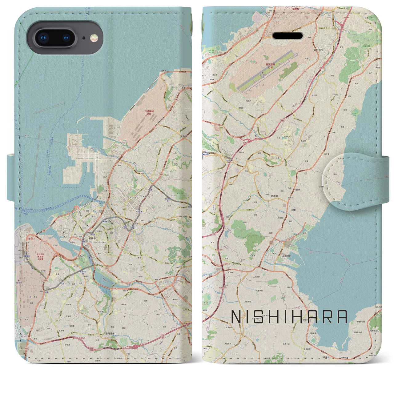 【西原(沖縄県)】地図柄iPhoneケース(手帳タイプ)ナチュラル・iPhone 8Plus /7Plus / 6sPlus / 6Plus 用