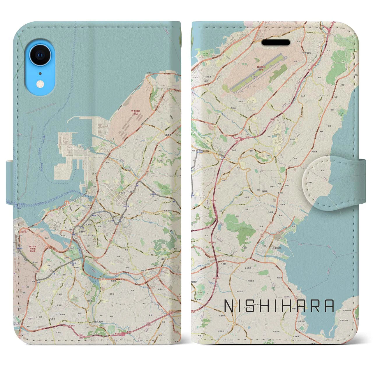 【西原(沖縄県)】地図柄iPhoneケース(手帳タイプ)ナチュラル・iPhone XR 用