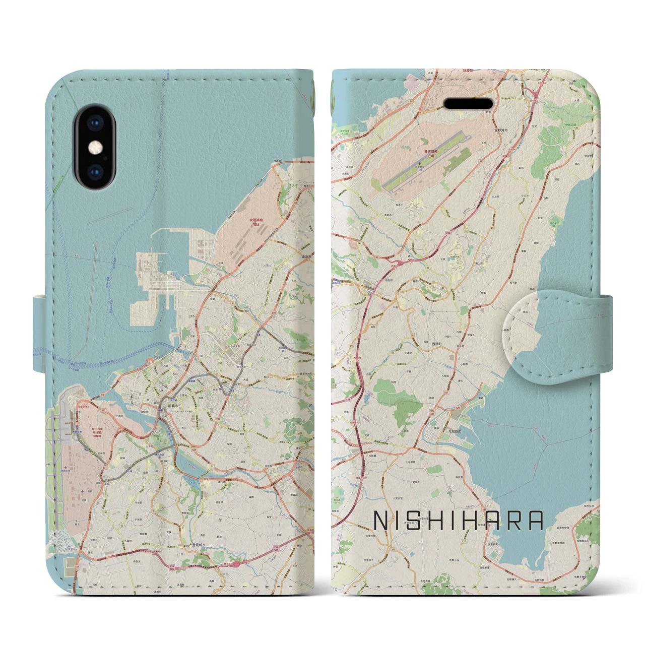 【西原(沖縄県)】地図柄iPhoneケース(手帳タイプ)ナチュラル・iPhone XS / X 用