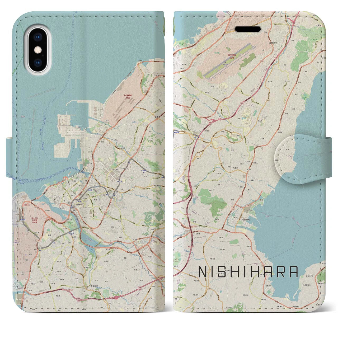 【西原(沖縄県)】地図柄iPhoneケース(手帳タイプ)ナチュラル・iPhone XS Max 用