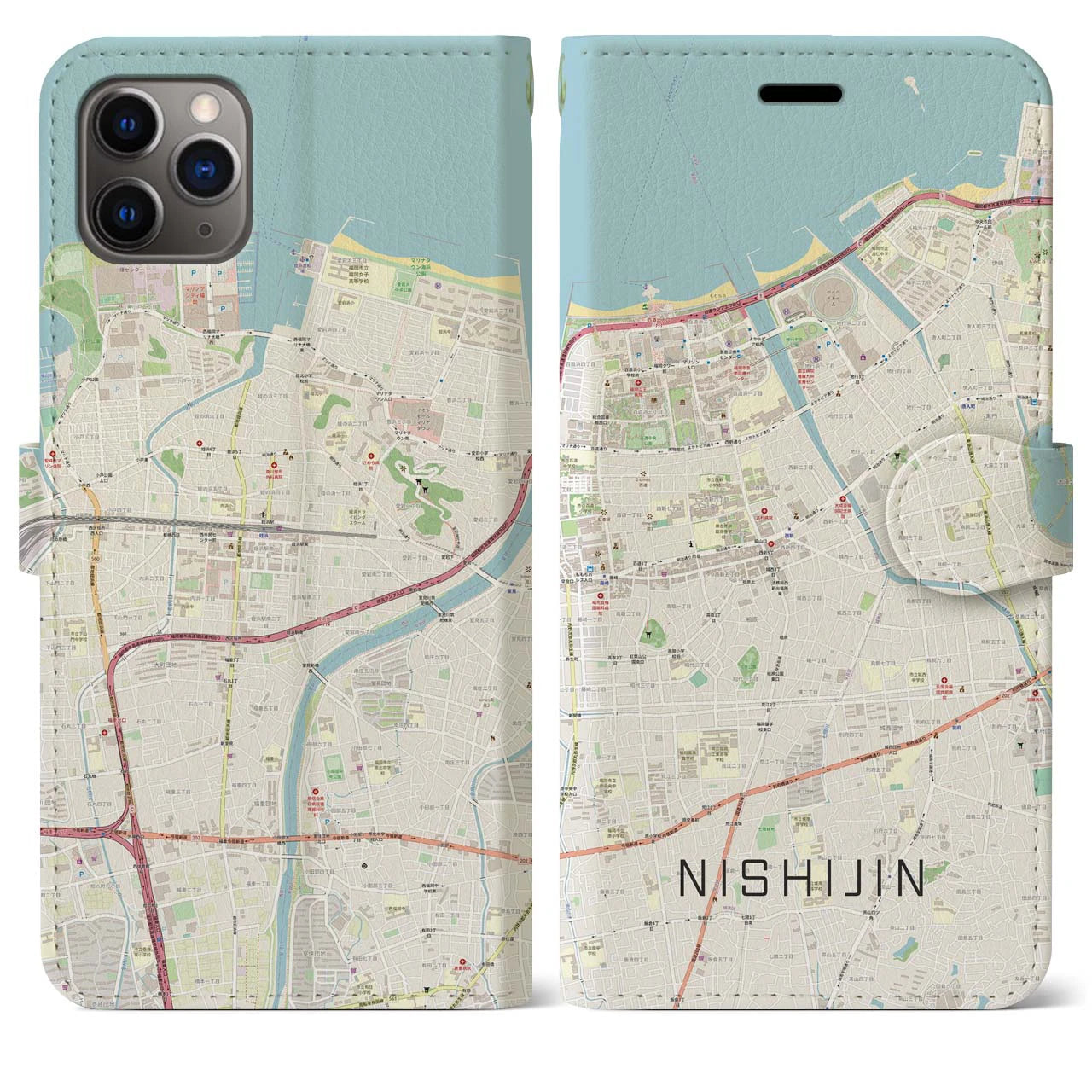 【西新(福岡県)】地図柄iPhoneケース(手帳タイプ)ナチュラル・iPhone 11 Pro Max 用