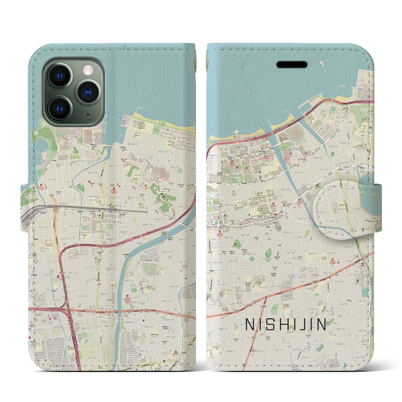 【西新(福岡県)】地図柄iPhoneケース(手帳タイプ)ナチュラル・iPhone 11 Pro 用