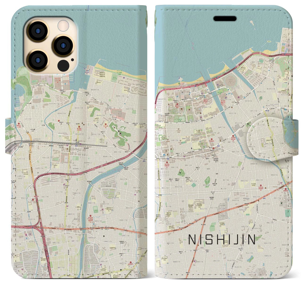 【西新(福岡県)】地図柄iPhoneケース(手帳タイプ)ナチュラル・iPhone 12 Pro Max 用