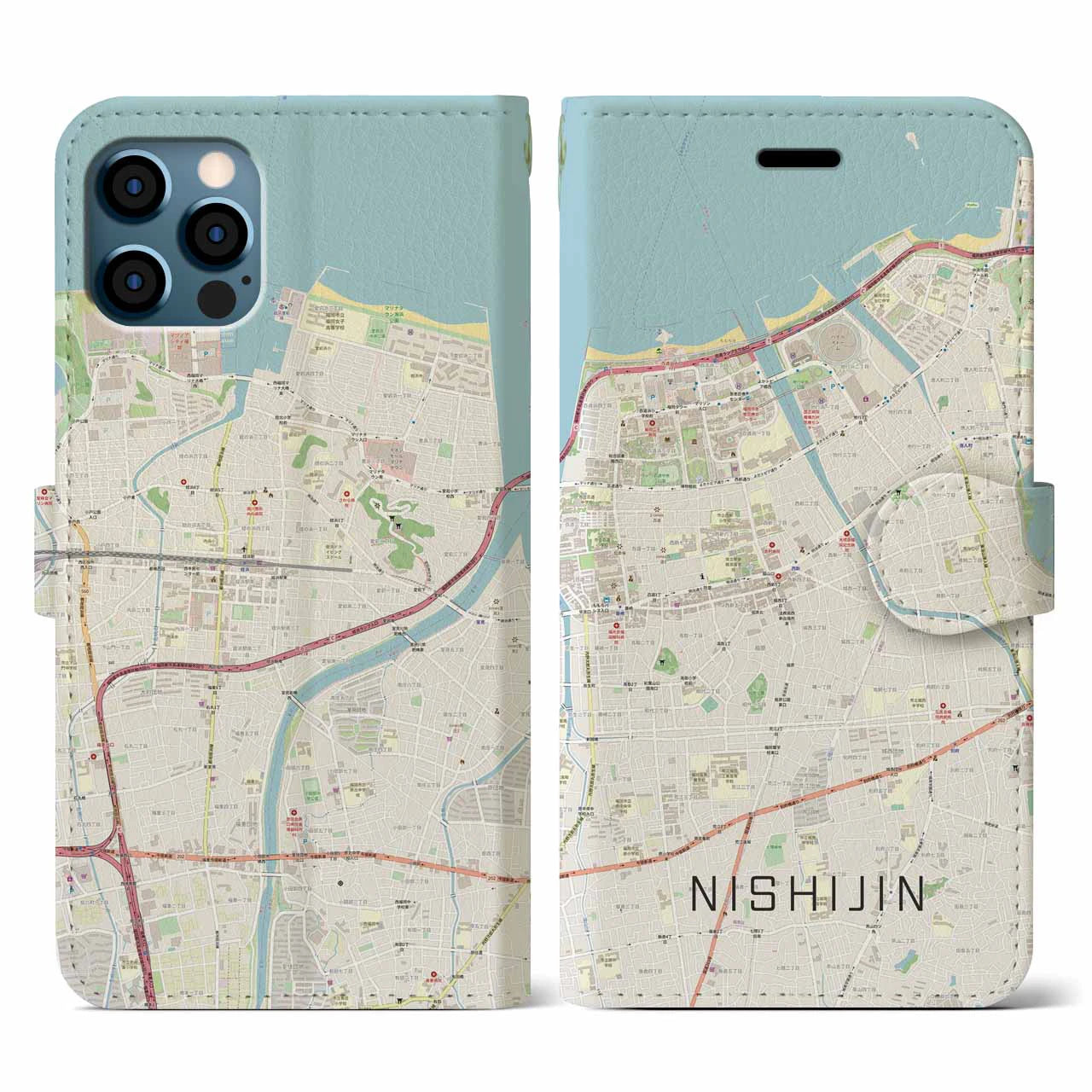 【西新(福岡県)】地図柄iPhoneケース(手帳タイプ)ナチュラル・iPhone 12 / 12 Pro 用