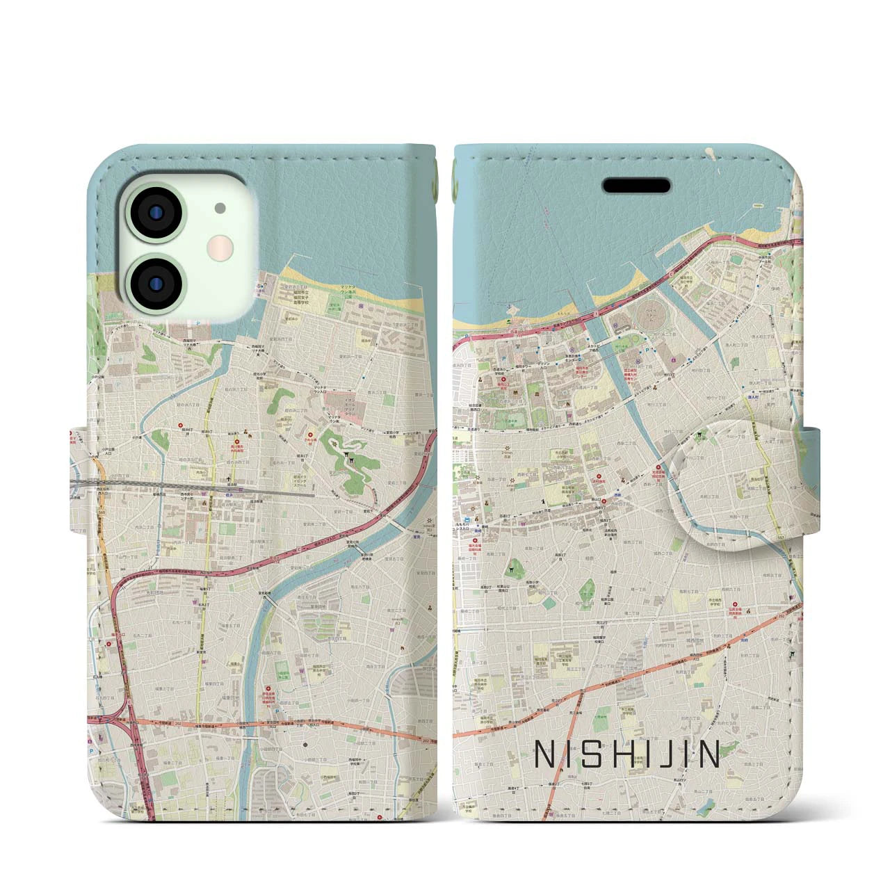 【西新(福岡県)】地図柄iPhoneケース(手帳タイプ)ナチュラル・iPhone 12 mini 用
