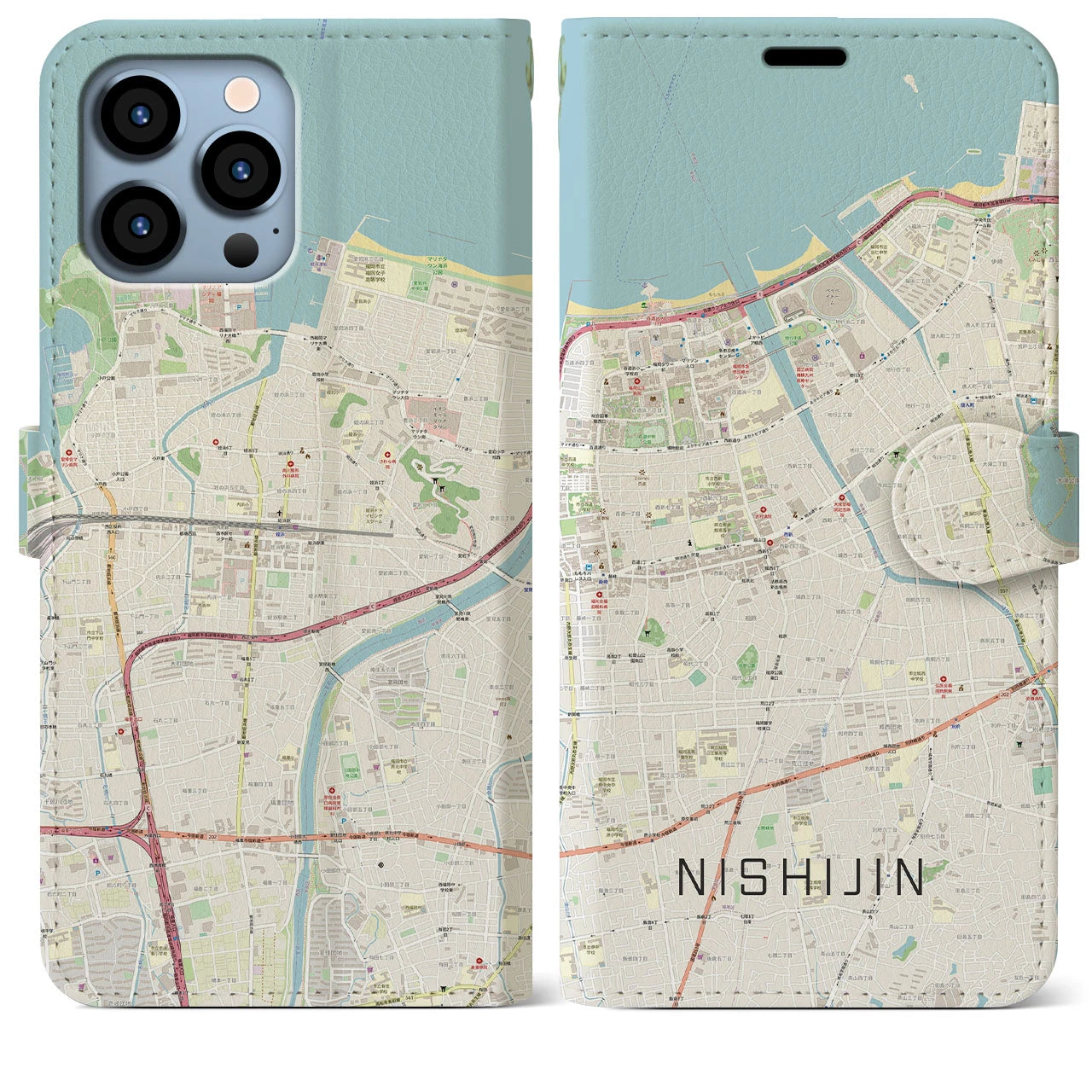 【西新(福岡県)】地図柄iPhoneケース(手帳タイプ)ナチュラル・iPhone 13 Pro Max 用
