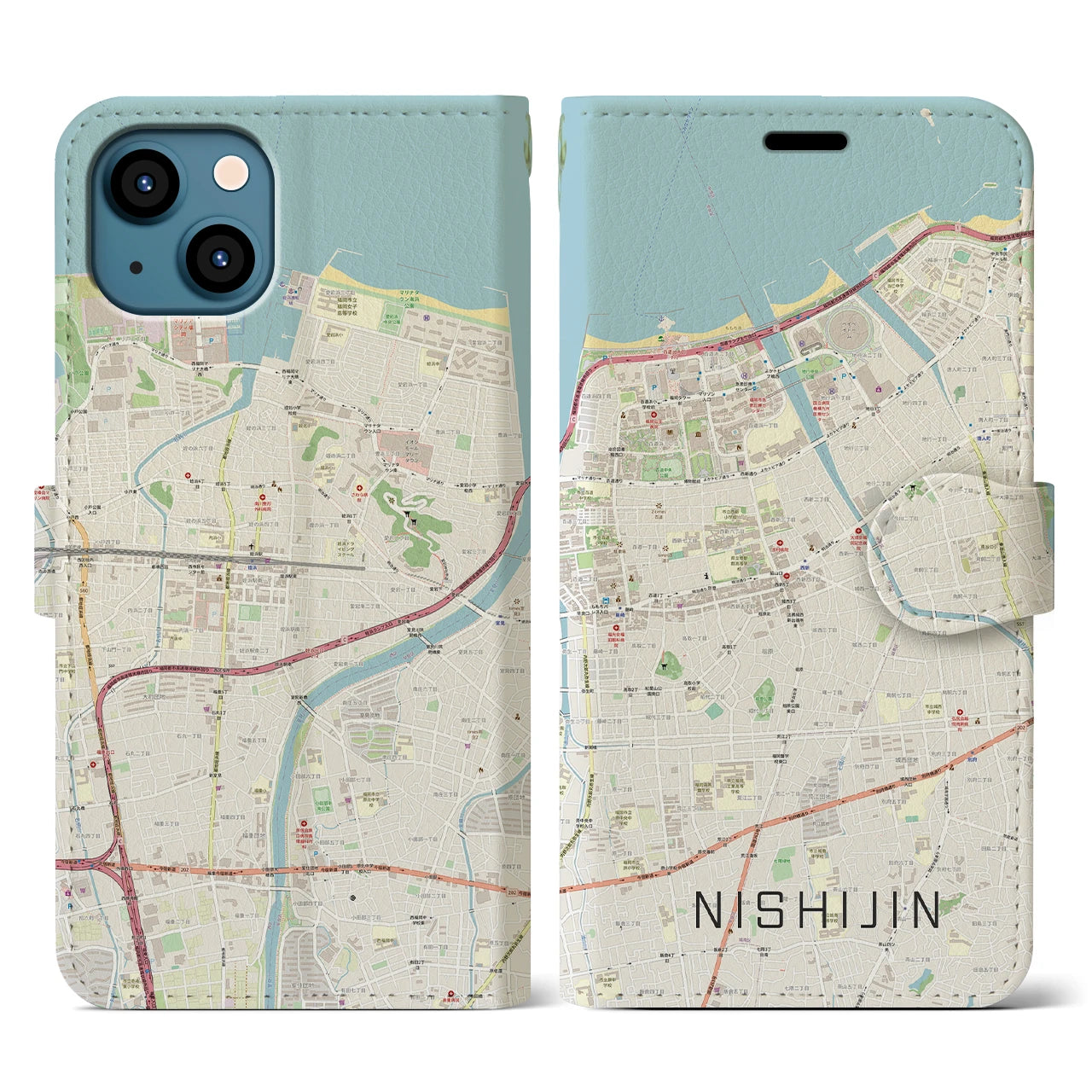 【西新(福岡県)】地図柄iPhoneケース(手帳タイプ)ナチュラル・iPhone 13 用