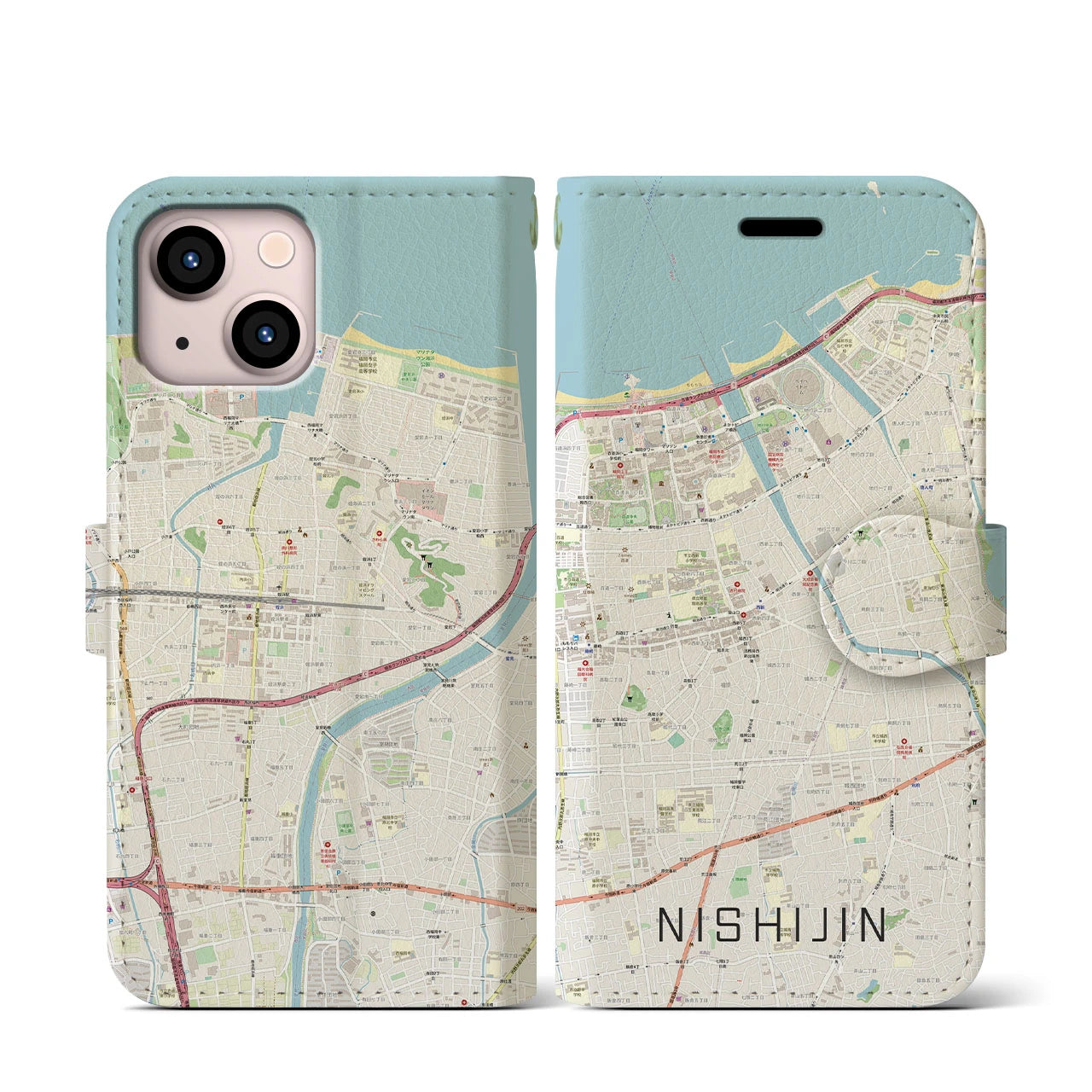 【西新(福岡県)】地図柄iPhoneケース(手帳タイプ)ナチュラル・iPhone 13 mini 用