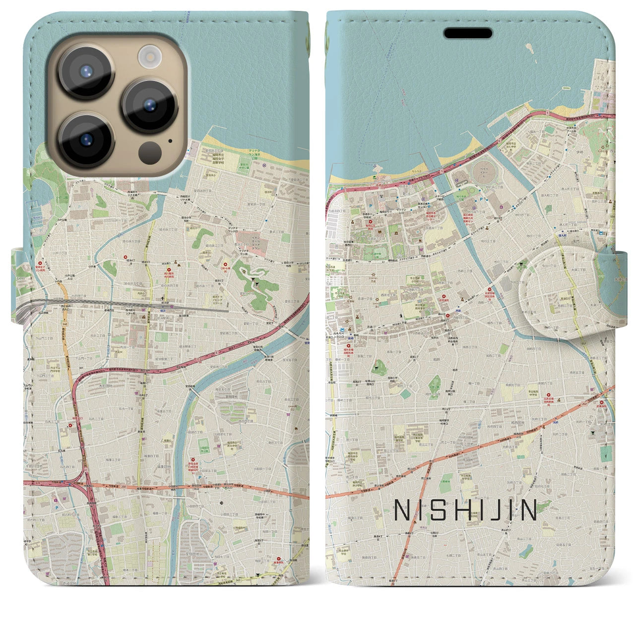 【西新(福岡県)】地図柄iPhoneケース(手帳タイプ)ナチュラル・iPhone 14 Pro Max 用