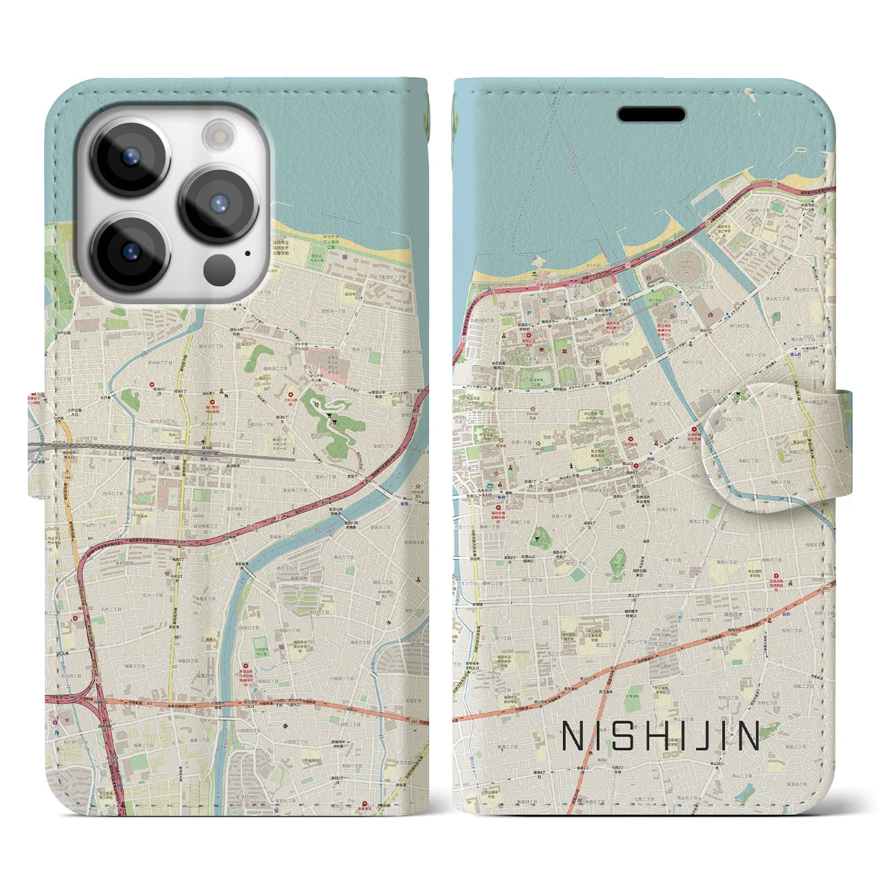 【西新(福岡県)】地図柄iPhoneケース(手帳タイプ)ナチュラル・iPhone 14 Pro 用