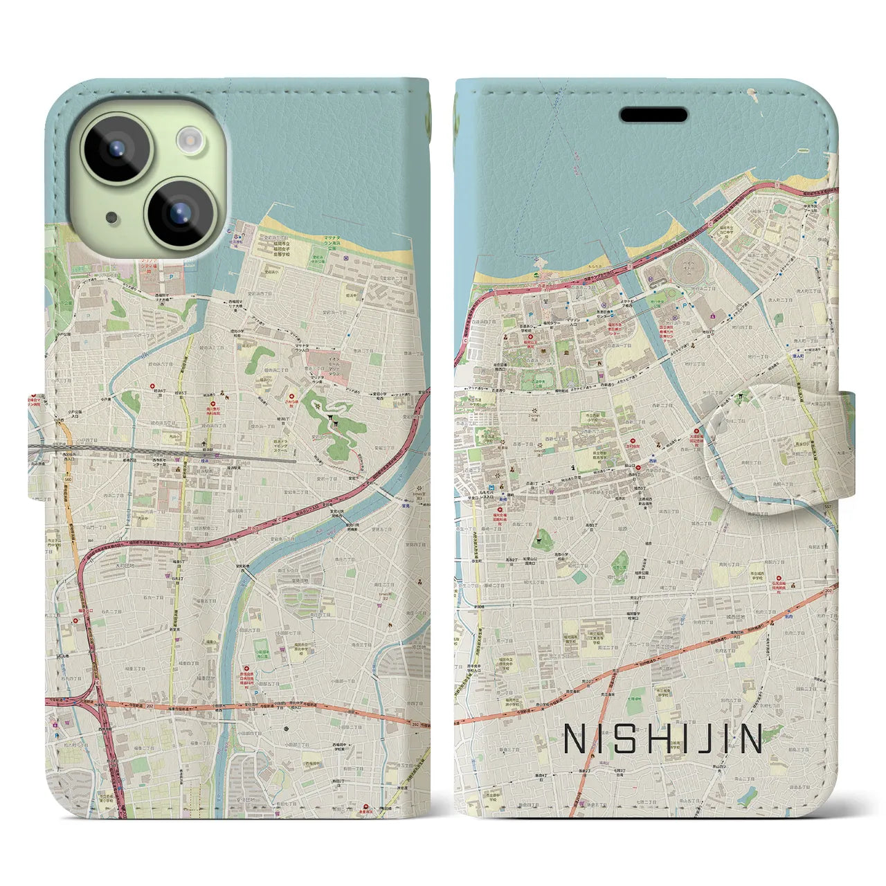 【西新(福岡県)】地図柄iPhoneケース(手帳タイプ)ナチュラル・iPhone 15 用
