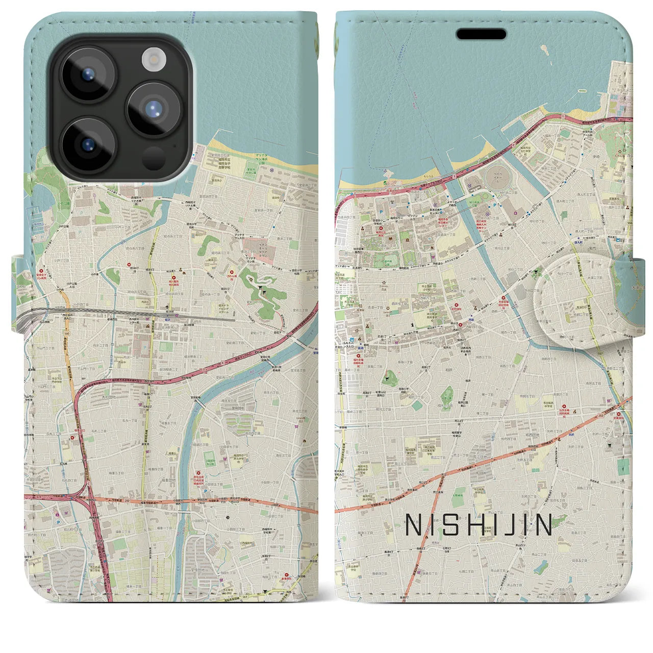 【西新(福岡県)】地図柄iPhoneケース(手帳タイプ)ナチュラル・iPhone 15 Pro Max 用