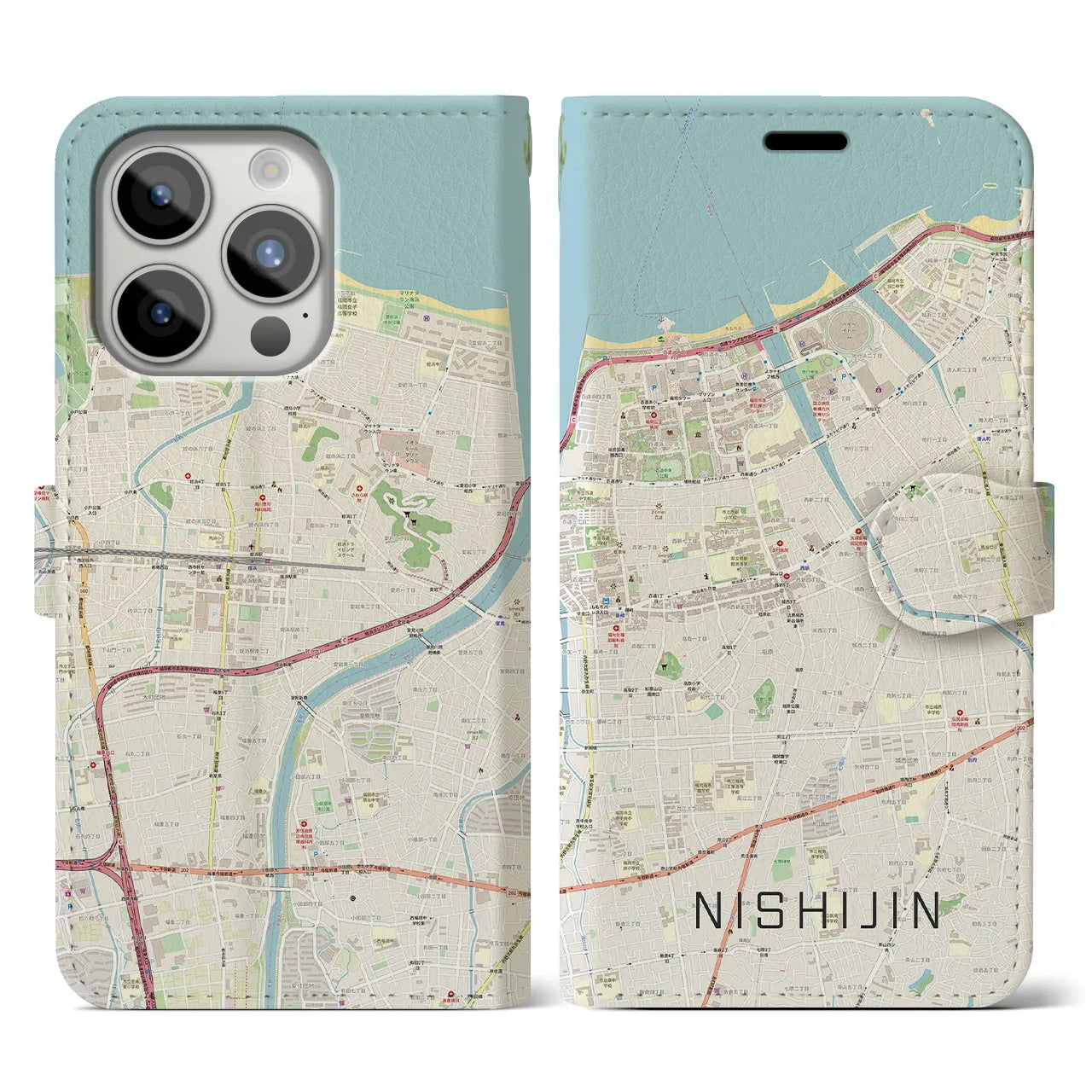 【西新(福岡県)】地図柄iPhoneケース(手帳タイプ)ナチュラル・iPhone 15 Pro 用